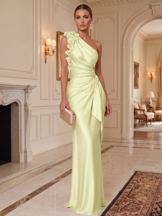 Sheath/Column One-Shoulder Silk Satin Evening Dresses with 3D Flowers Sleeveless Floor-Length Ruffles Formal Dresses