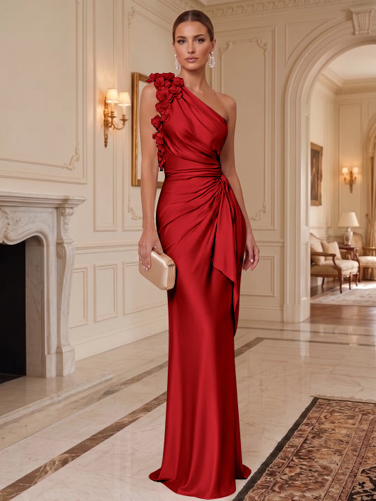 Sheath/Column One-Shoulder Silk Satin Evening Dresses with 3D Flowers Sleeveless Floor-Length Ruffles Formal Dresses