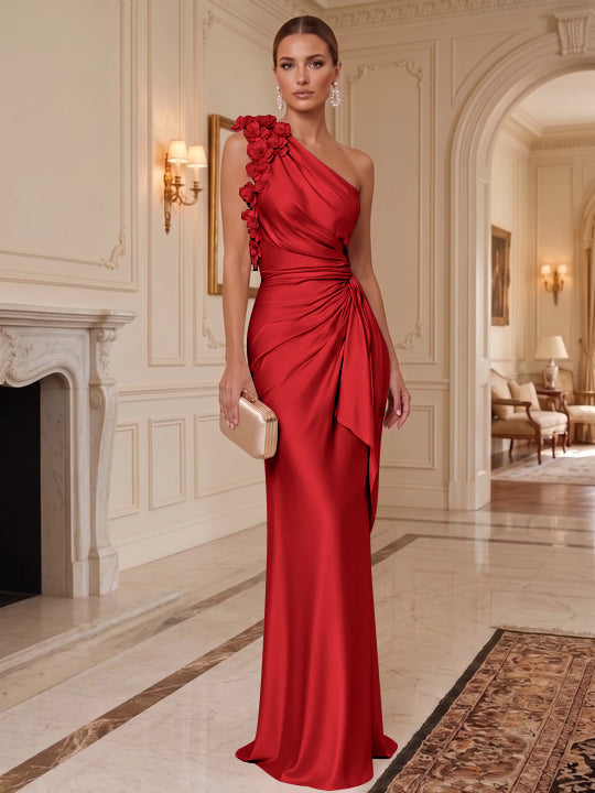 Sheath/Column One-Shoulder Silk Satin Evening Dresses with 3D Flowers Sleeveless Floor-Length Ruffles Formal Dresses