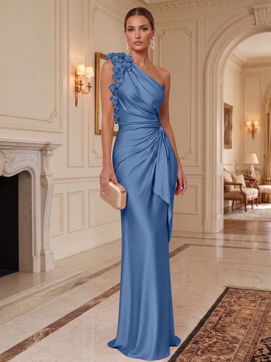 Sheath/Column One-Shoulder Silk Satin Evening Dresses with 3D Flowers Sleeveless Floor-Length Ruffles Formal Dresses