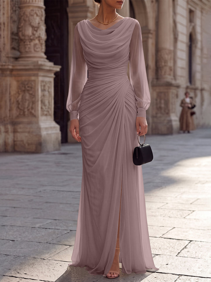 A-Line/Princess Cowl Neck Chiffon Evening Dresses with Split Side Floor-Length Long Sleeves Ruched Formal Dresses