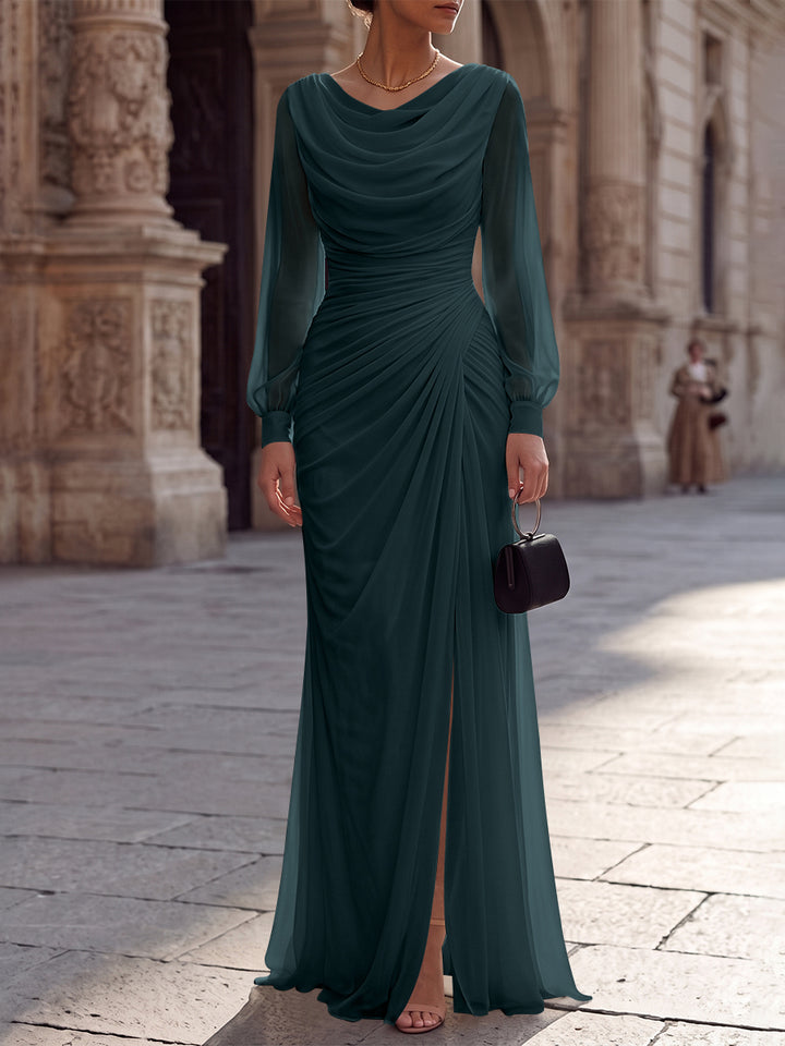 A-Line/Princess Cowl Neck Chiffon Evening Dresses with Split Side Floor-Length Long Sleeves Ruched Formal Dresses