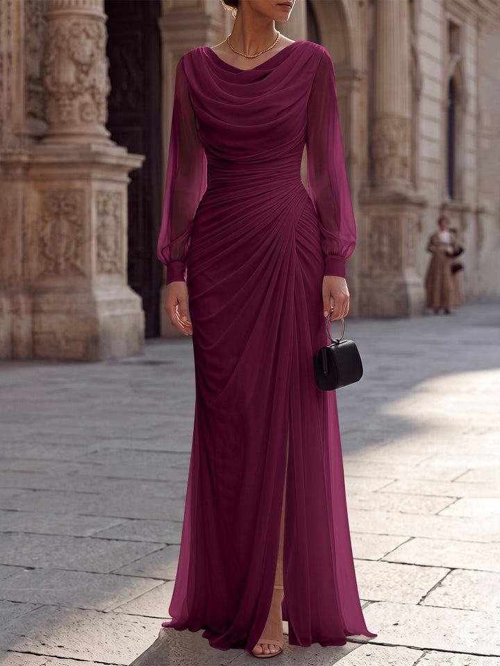 A-Line/Princess Cowl Neck Chiffon Evening Dresses with Split Side Floor-Length Long Sleeves Ruched Formal Dresses