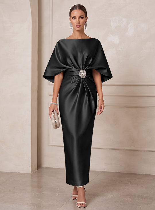 Sheath/Column Boat Neck Satin Cocktail Dresses with Sash Half Sleeves Ankle-Length Ruched Party Dresses