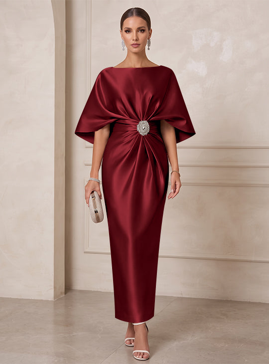 Sheath/Column Boat Neck Satin Cocktail Dresses with Sash Half Sleeves Ankle-Length Ruched Party Dresses