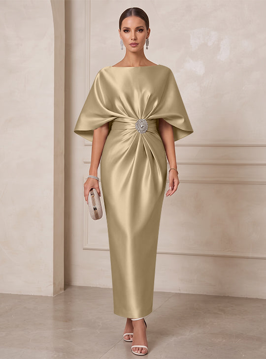 Sheath/Column Boat Neck Satin Cocktail Dresses with Sash Half Sleeves Ankle-Length Ruched Party Dresses