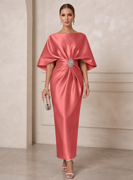 Sheath/Column Boat Neck Satin Cocktail Dresses with Sash Half Sleeves Ankle-Length Ruched Party Dresses