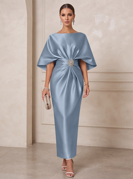 Sheath/Column Boat Neck Satin Cocktail Dresses with Sash Half Sleeves Ankle-Length Ruched Party Dresses