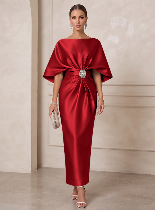 Sheath/Column Boat Neck Satin Cocktail Dresses with Sash Half Sleeves Ankle-Length Ruched Party Dresses