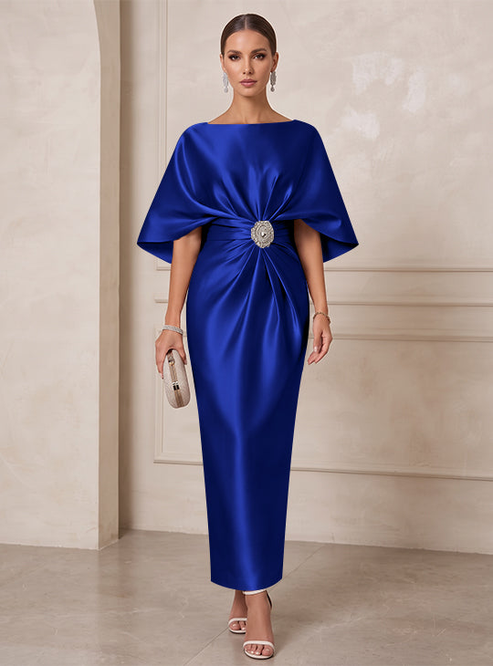 Sheath/Column Boat Neck Satin Cocktail Dresses with Sash Half Sleeves Ankle-Length Ruched Party Dresses