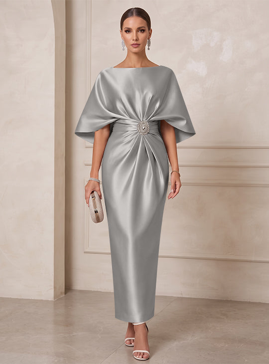 Sheath/Column Boat Neck Satin Cocktail Dresses with Sash Half Sleeves Ankle-Length Ruched Party Dresses