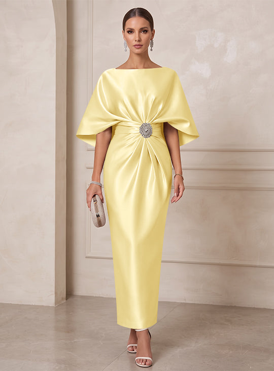 Sheath/Column Boat Neck Satin Cocktail Dresses with Sash Half Sleeves Ankle-Length Ruched Party Dresses