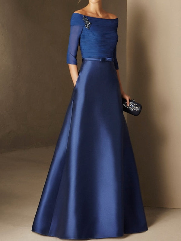 A-Line/Princess Off-the-Shoulder Short Sleeves Mother of the Bride Dresses with Belt Applique
