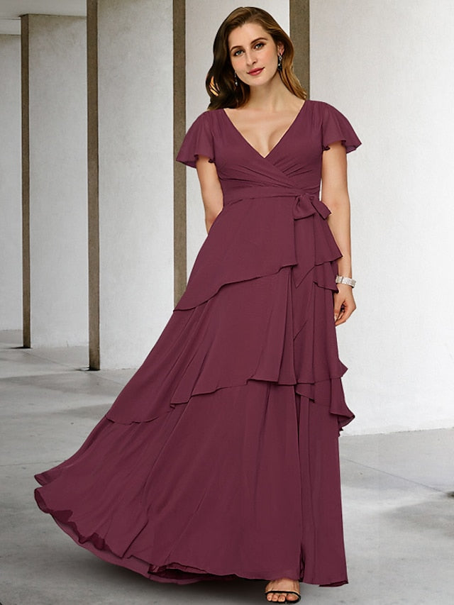 A-Line/Princess V-Neck Short Sleeves Floor-Length Plus Size Mother of the Bride Dresses with Ruffles
