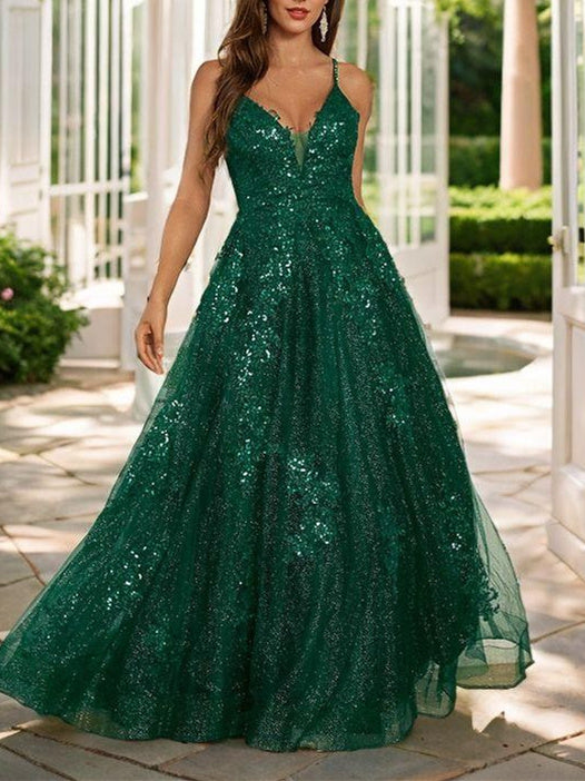 A-Line/Princess Spaghetti Straps Floor-length Long Prom Dresses