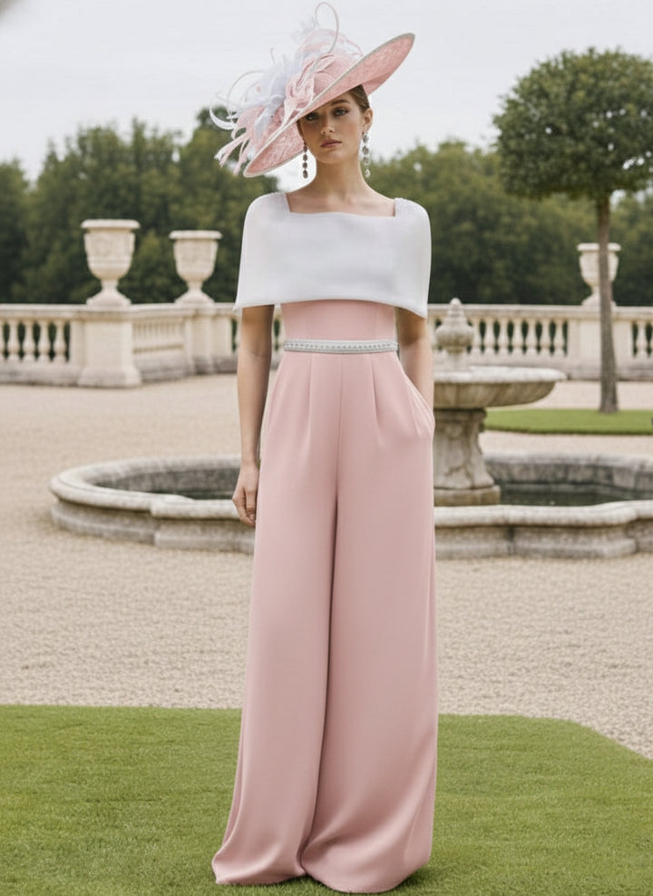 Square Collar Floor-Length Jumpsuit Mother of the Bride Off-the-Shoulder Cape