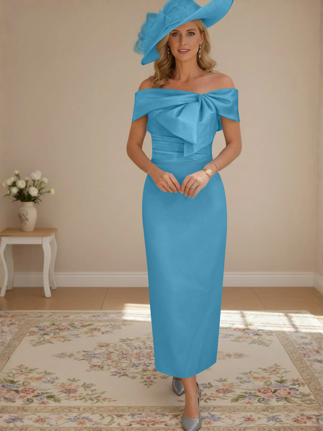 Sheath/Column Off-the-Shoulder Ankle-Length Mother of the Bride Dresses with Bowknot
