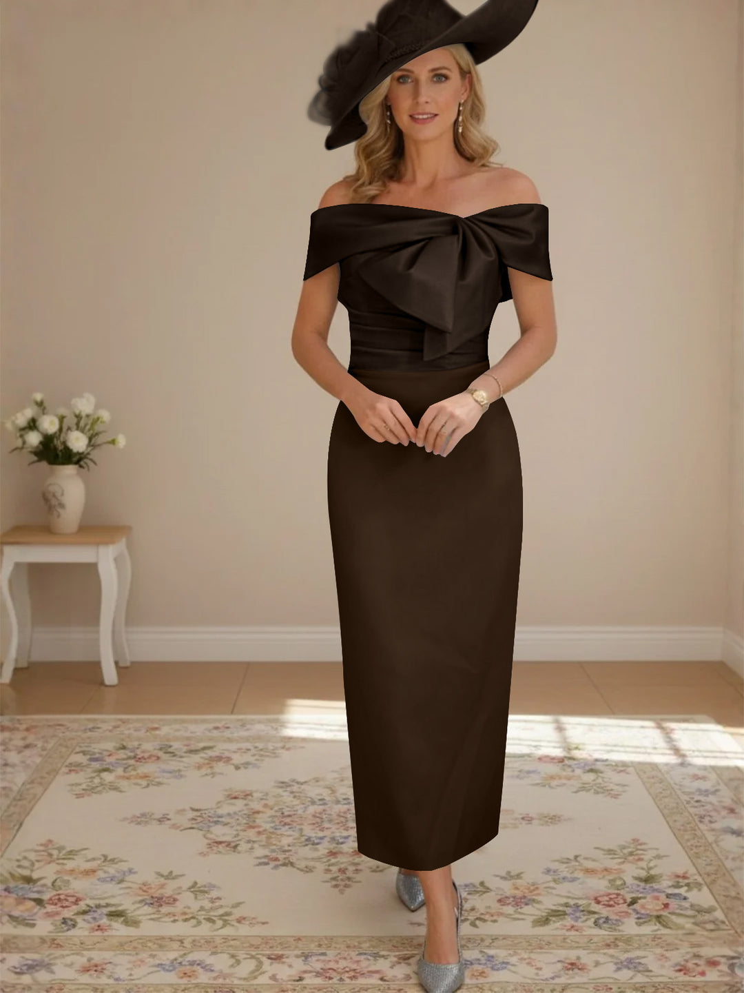 Sheath/Column Off-the-Shoulder Ankle-Length Mother of the Bride Dresses with Bowknot