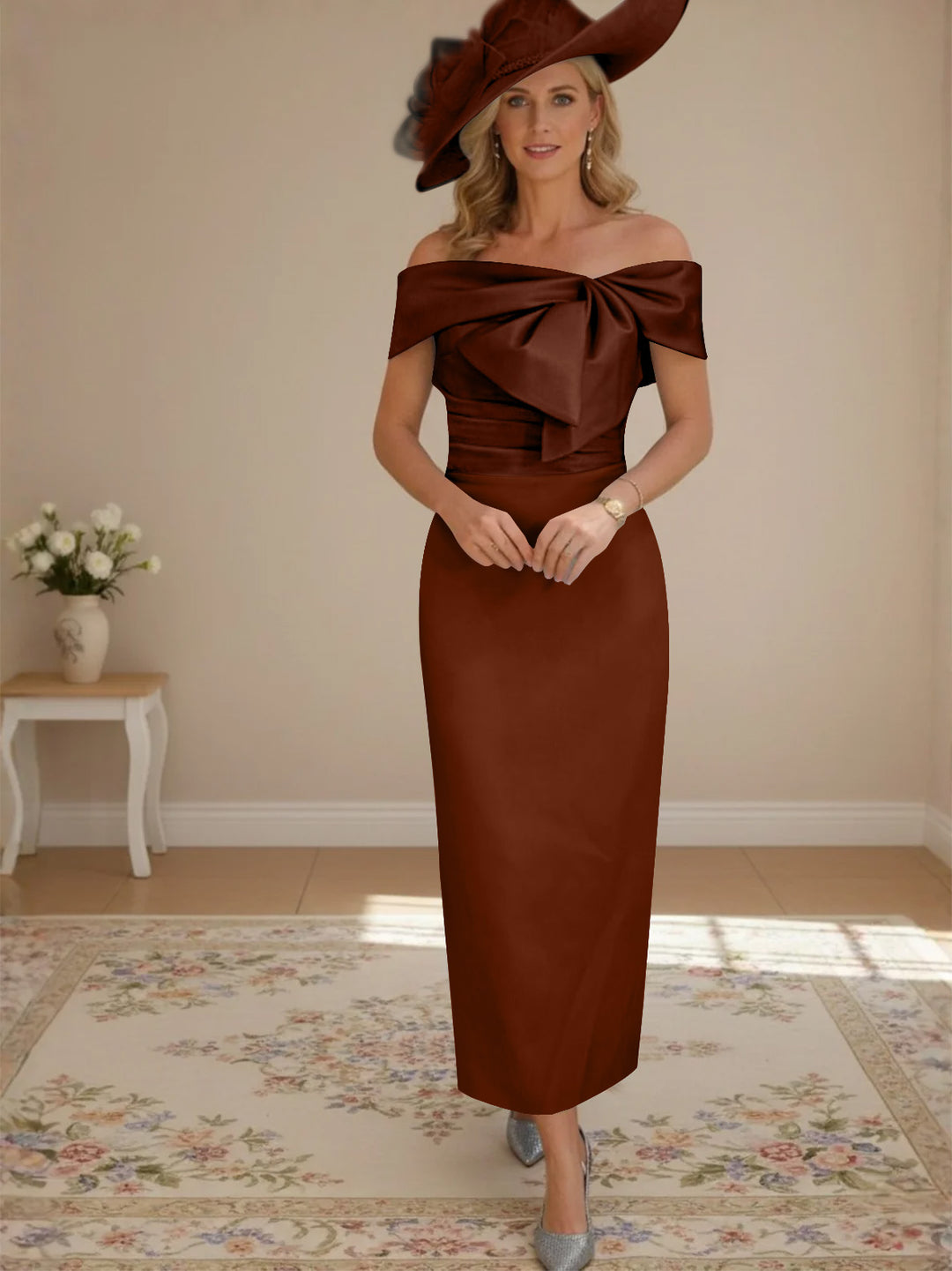 Sheath/Column Off-the-Shoulder Ankle-Length Mother of the Bride Dresses with Bowknot