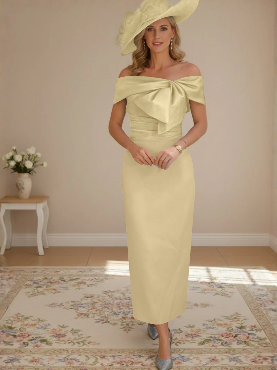 Sheath/Column Off-the-Shoulder Ankle-Length Mother of the Bride Dresses with Bowknot