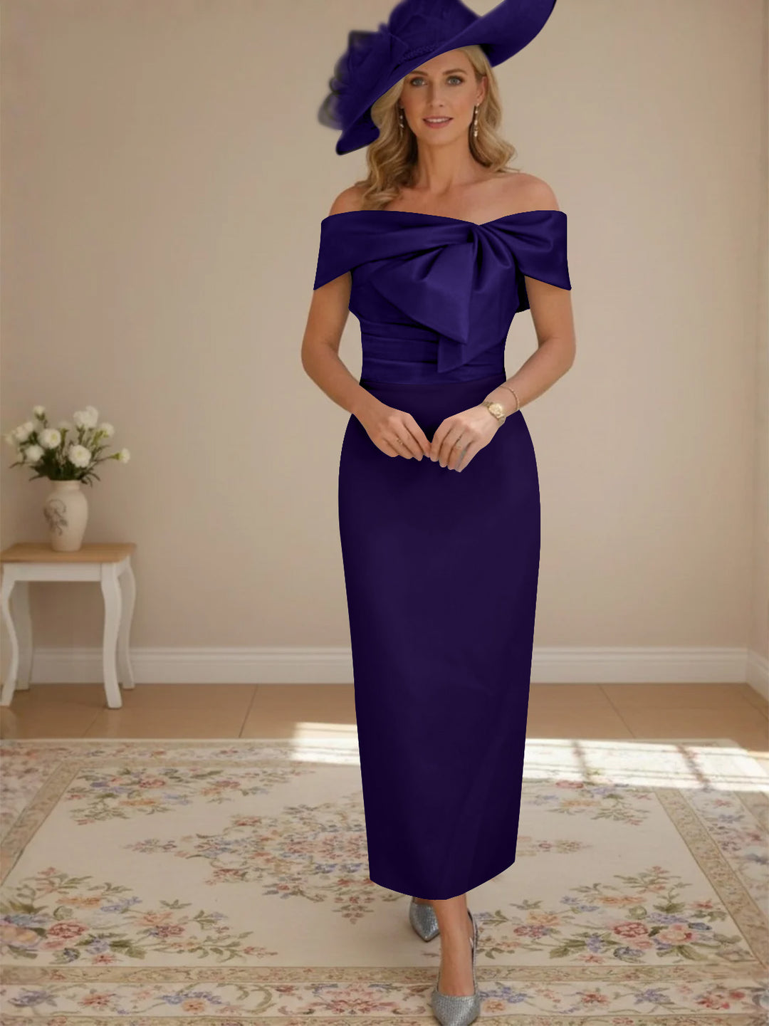 Sheath/Column Off-the-Shoulder Ankle-Length Mother of the Bride Dresses with Bowknot