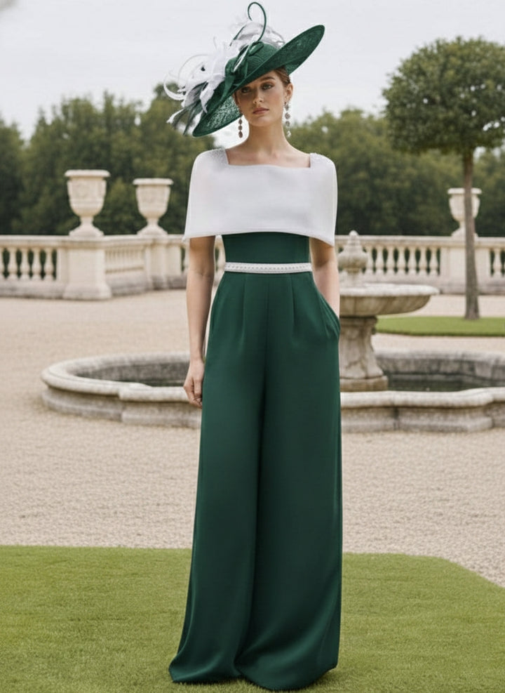 Square Collar Floor-Length Jumpsuit Mother of the Bride Off-the-Shoulder Cape