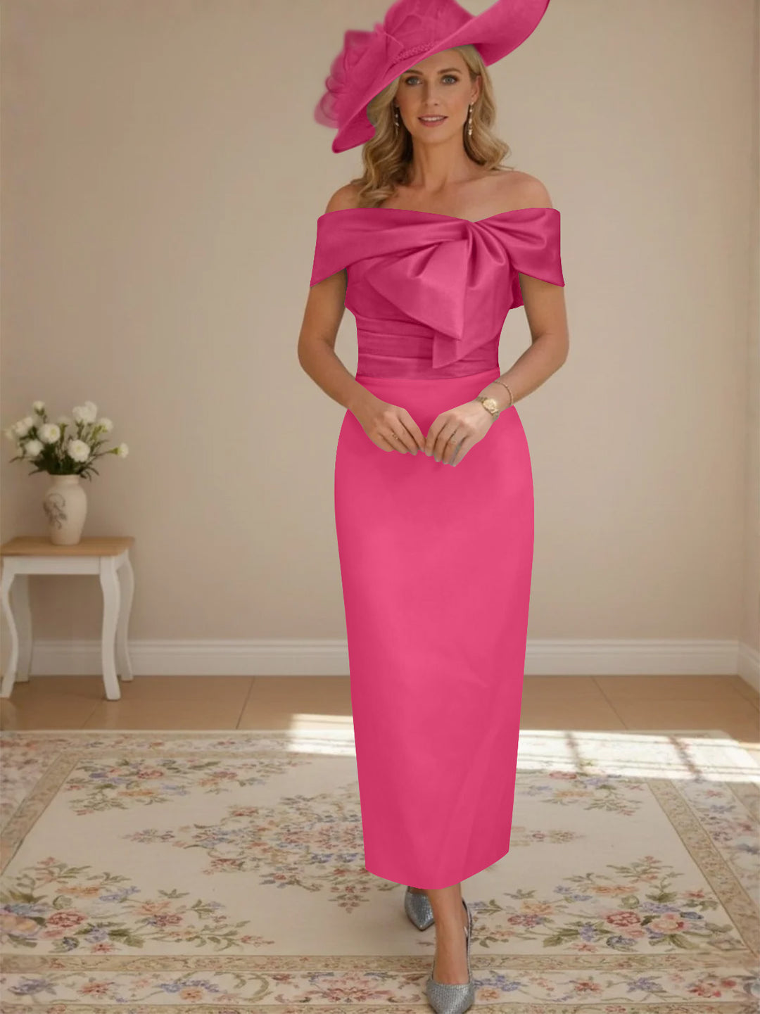 Sheath/Column Off-the-Shoulder Ankle-Length Mother of the Bride Dresses with Bowknot