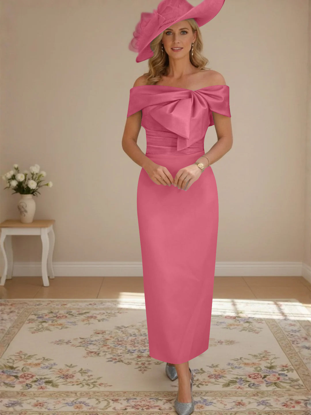 Sheath/Column Off-the-Shoulder Ankle-Length Mother of the Bride Dresses with Bowknot
