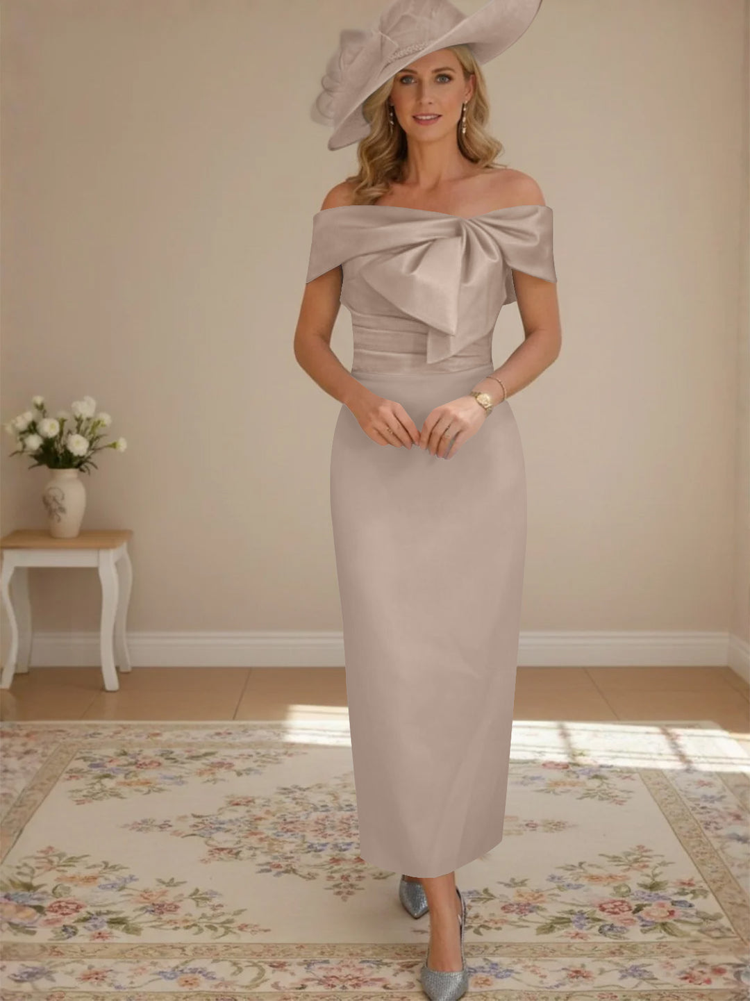 Sheath/Column Off-the-Shoulder Ankle-Length Mother of the Bride Dresses with Bowknot