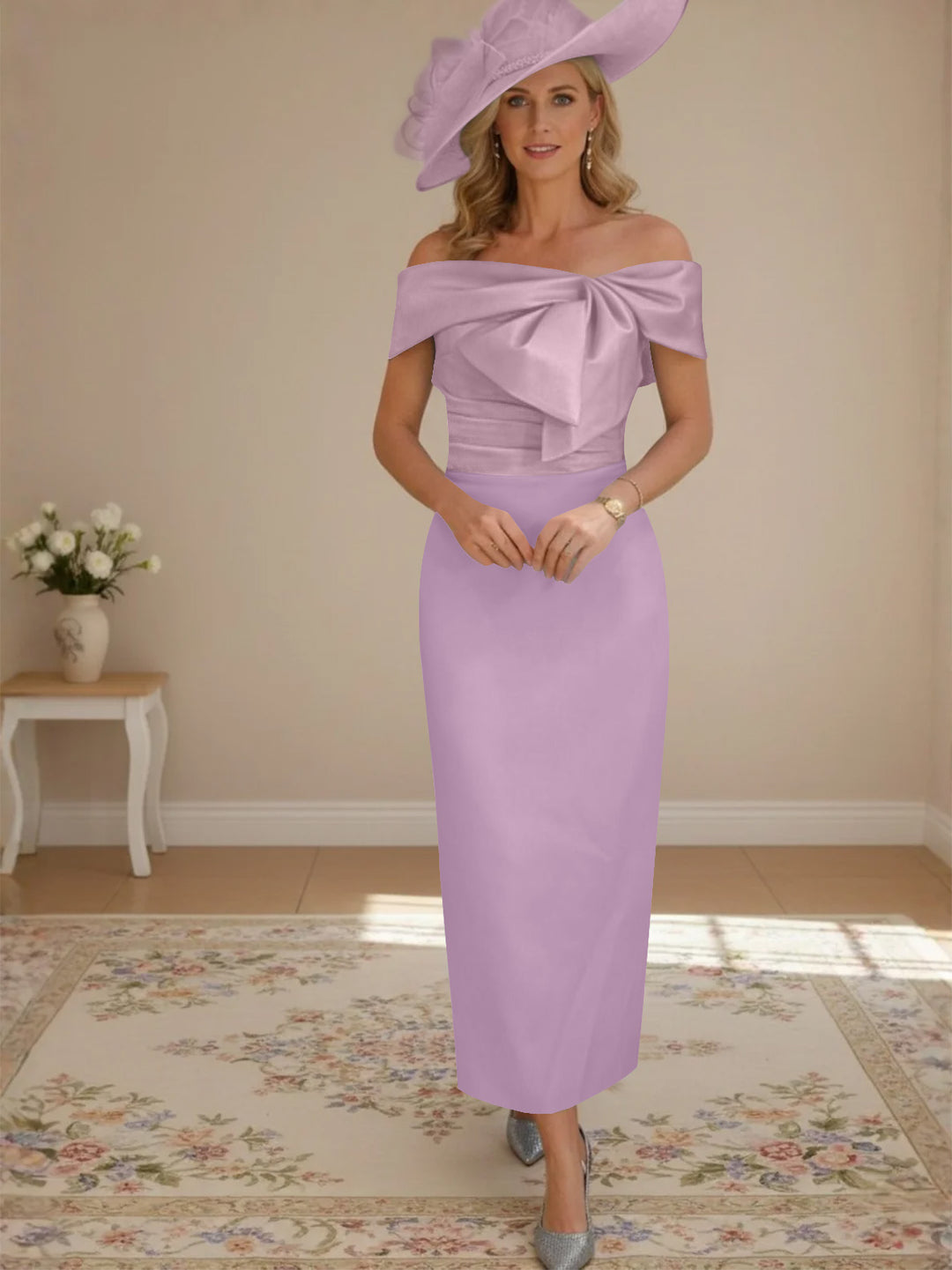 Sheath/Column Off-the-Shoulder Ankle-Length Mother of the Bride Dresses with Bowknot