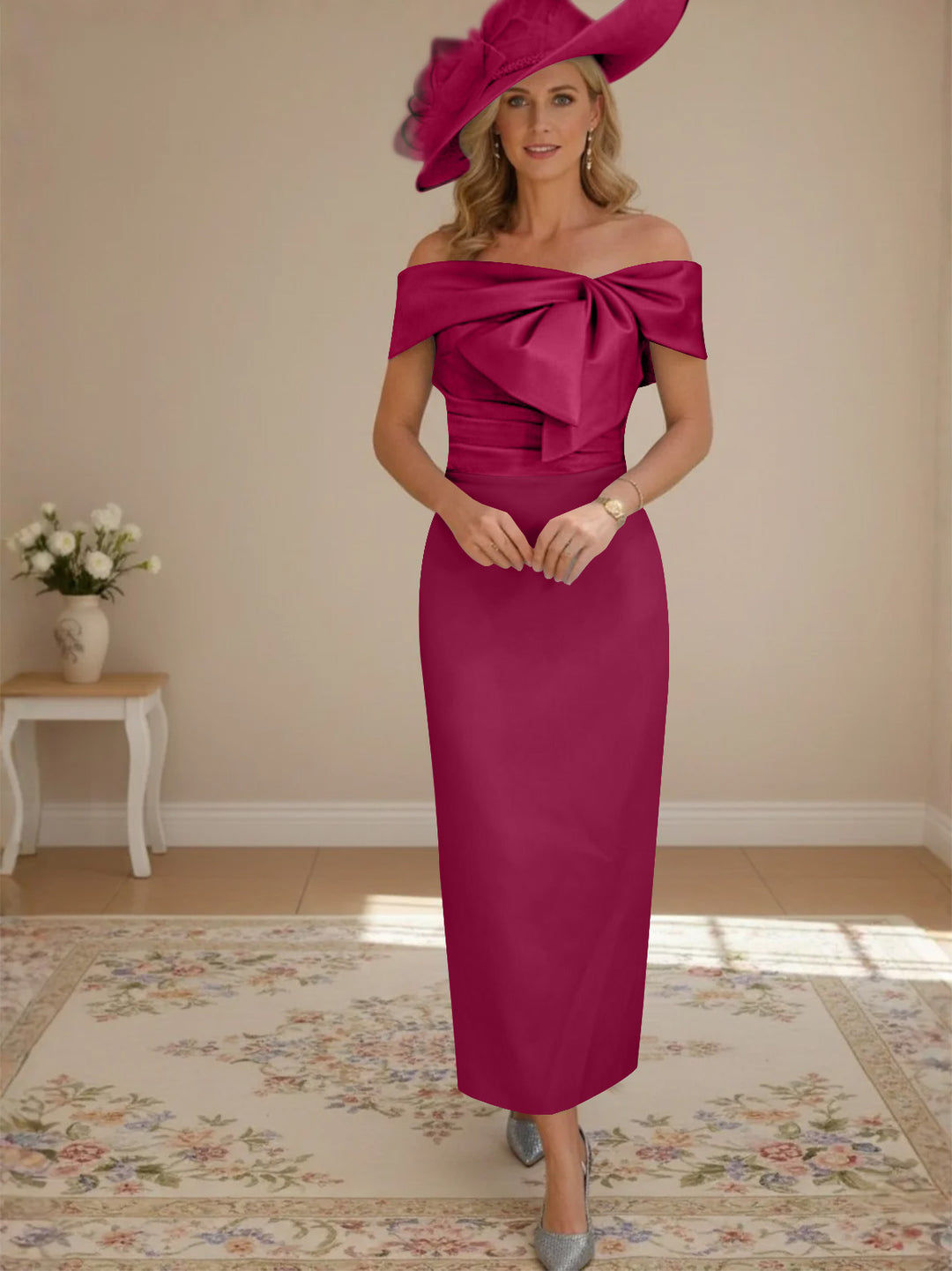 Sheath/Column Off-the-Shoulder Ankle-Length Mother of the Bride Dresses with Bowknot