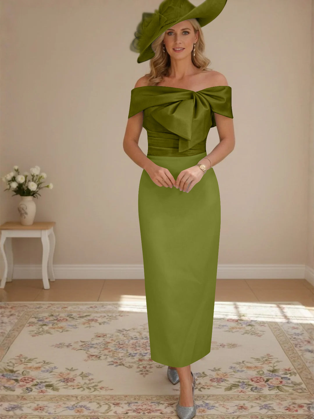 Sheath/Column Off-the-Shoulder Ankle-Length Mother of the Bride Dresses with Bowknot