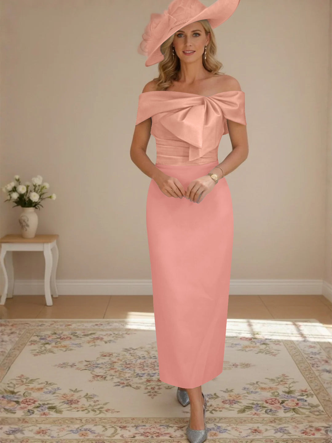 Sheath/Column Off-the-Shoulder Ankle-Length Mother of the Bride Dresses with Bowknot
