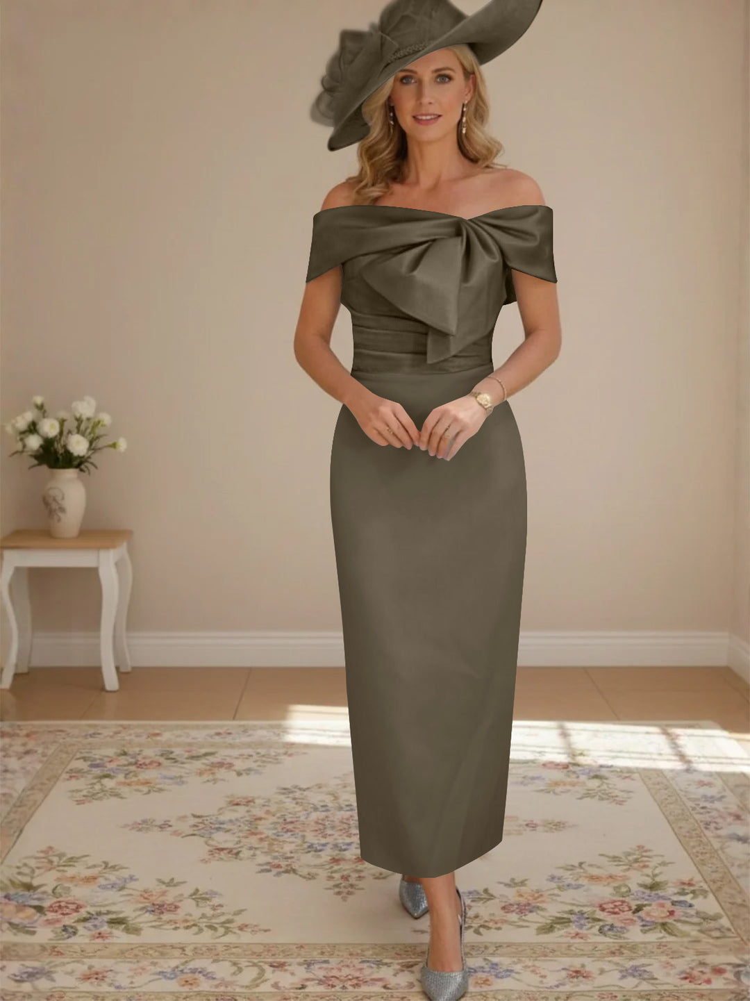 Sheath/Column Off-the-Shoulder Ankle-Length Mother of the Bride Dresses with Bowknot