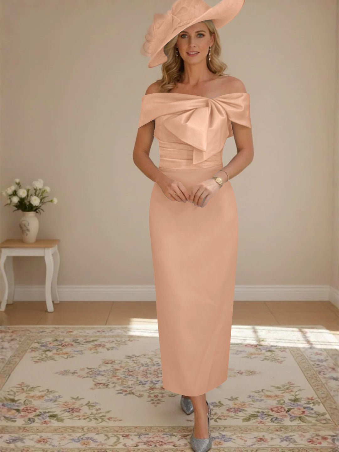 Sheath/Column Off-the-Shoulder Ankle-Length Mother of the Bride Dresses with Bowknot