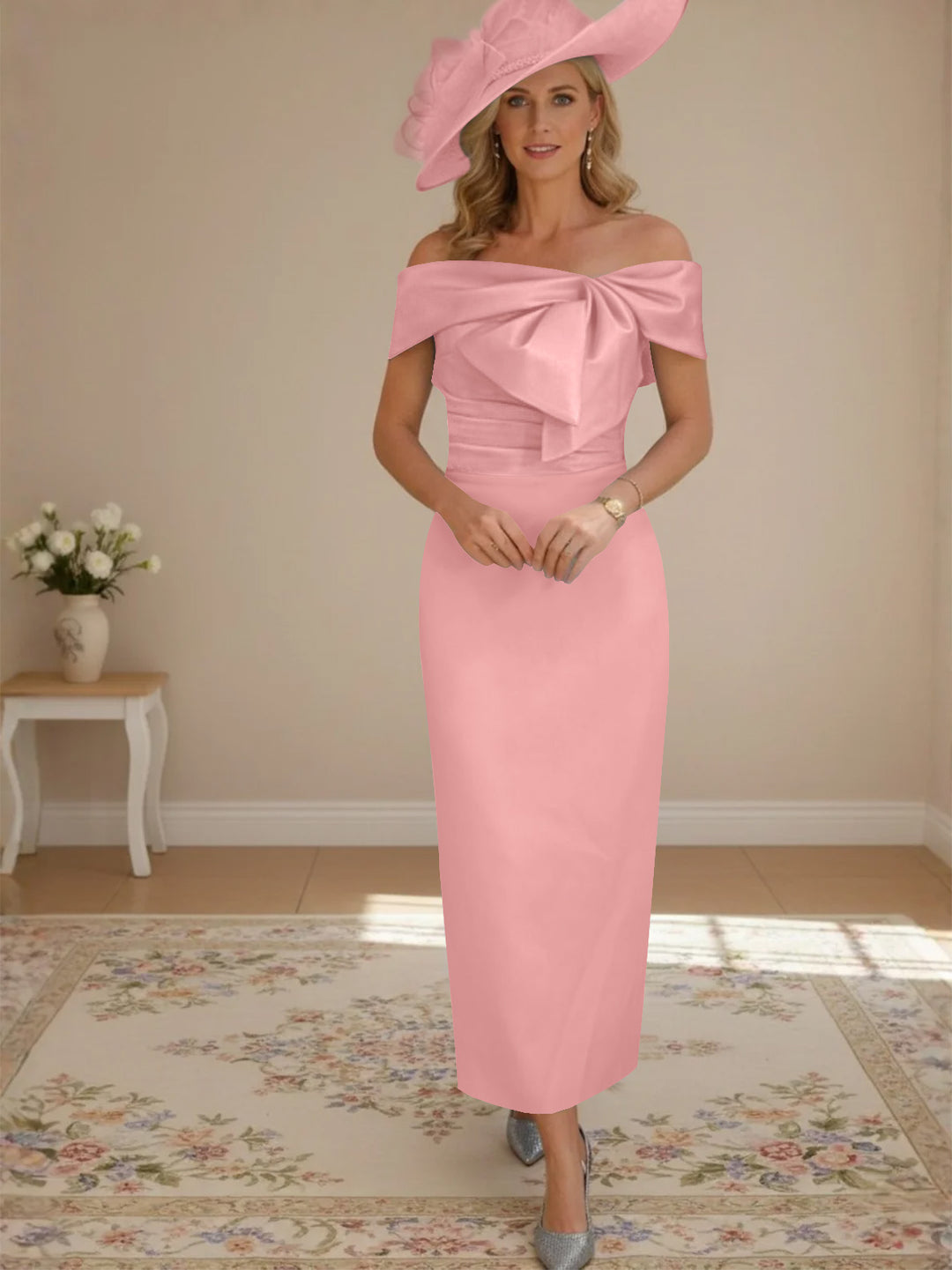 Sheath/Column Off-the-Shoulder Ankle-Length Mother of the Bride Dresses with Bowknot