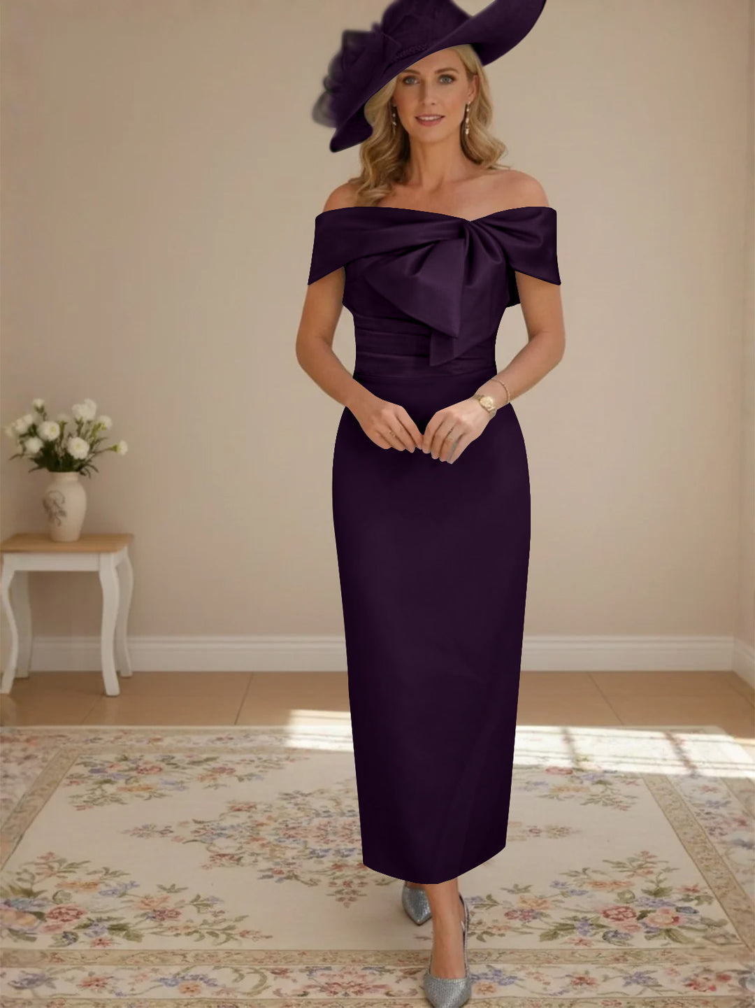 Sheath/Column Off-the-Shoulder Ankle-Length Mother of the Bride Dresses with Bowknot
