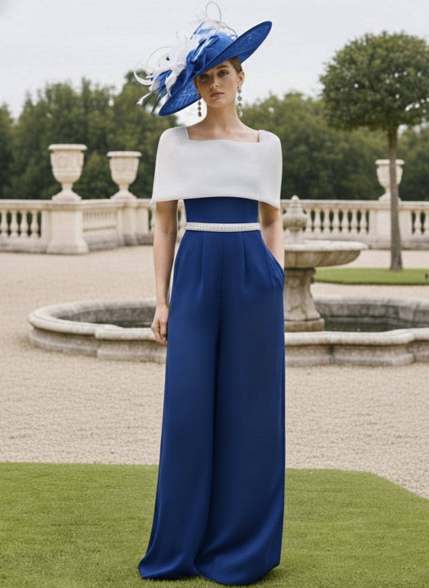 Square Collar Floor-Length Jumpsuit Mother of the Bride Off-the-Shoulder Cape