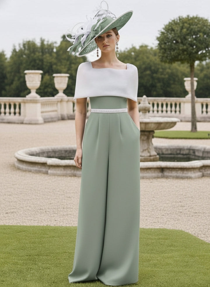 Square Collar Floor-Length Jumpsuit Mother of the Bride Off-the-Shoulder Cape