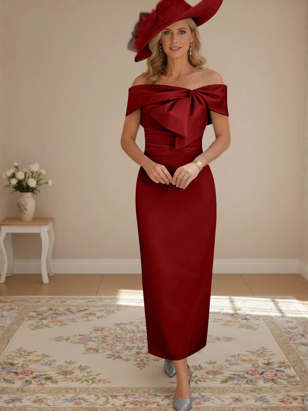 Sheath/Column Off-the-Shoulder Ankle-Length Mother of the Bride Dresses with Bowknot