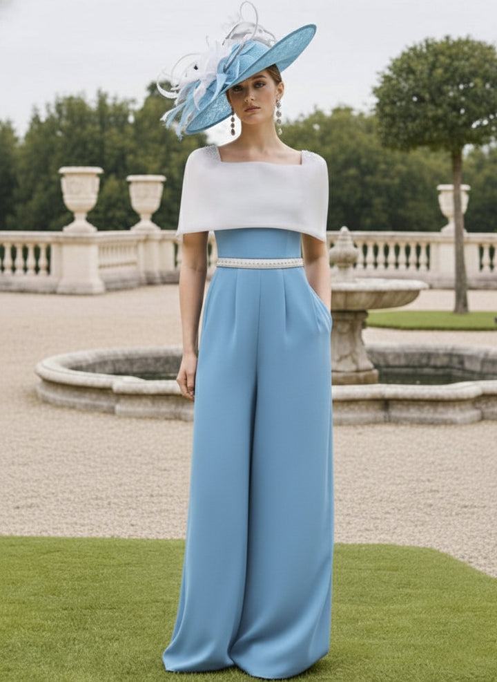 Square Collar Floor-Length Jumpsuit Mother of the Bride Off-the-Shoulder Cape