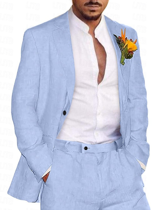 Men's Tailored Fit Single Breasted Two-buttons 2 Pieces Solid Coloured Linen Suits