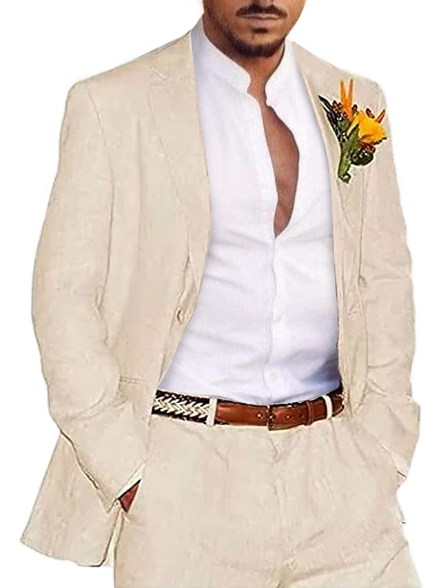 Men's Tailored Fit Single Breasted Two-buttons 2 Pieces Solid Coloured Linen Suits