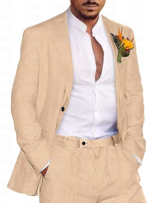 Men's Tailored Fit Single Breasted Two-buttons 2 Pieces Solid Coloured Linen Suits
