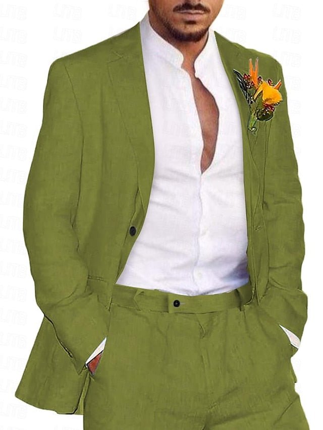 Men's Tailored Fit Single Breasted Two-buttons 2 Pieces Solid Coloured Linen Suits
