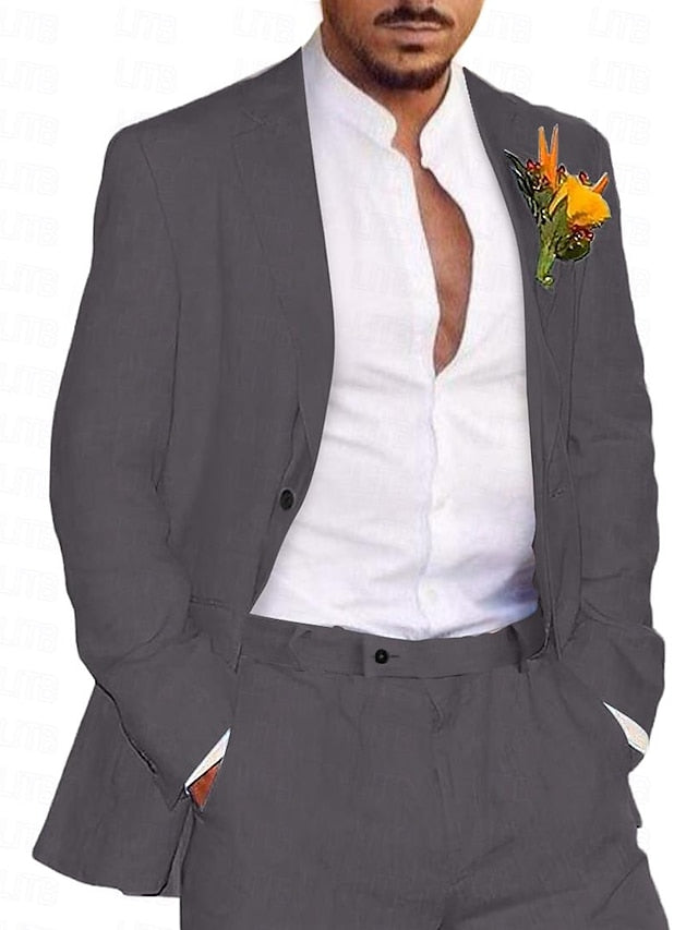 Men's Tailored Fit Single Breasted Two-buttons 2 Pieces Solid Coloured Linen Suits