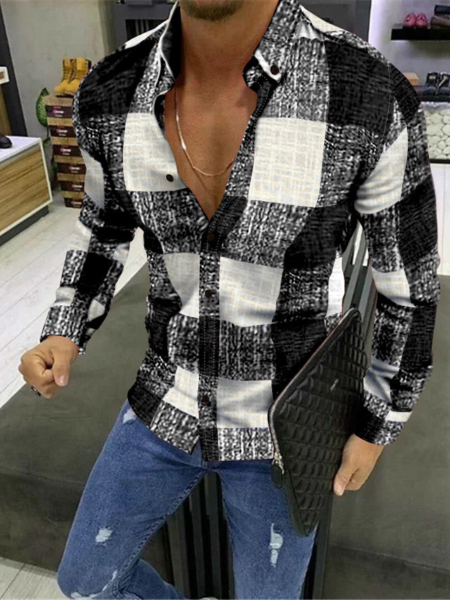 Men's Casual Cotton Blend Long Sleeves Plaid Colour Block Shirt