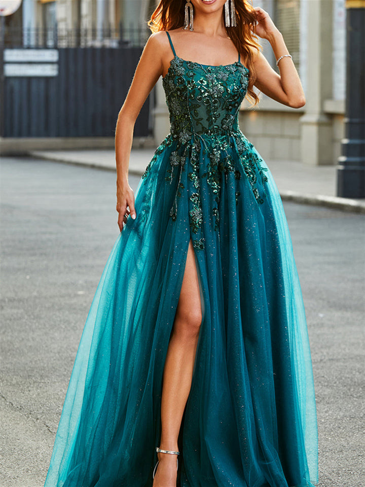 A-Line/Princess  Spaghetti Straps Sleeveless Floor-Length Evening Dress with Appliques