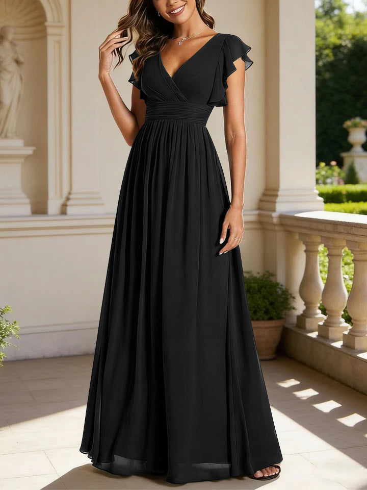 A-Line/Princess Chiffon V-Neck Bridesmaid Dresses with Ruffles Short Sleeves Floor-Length