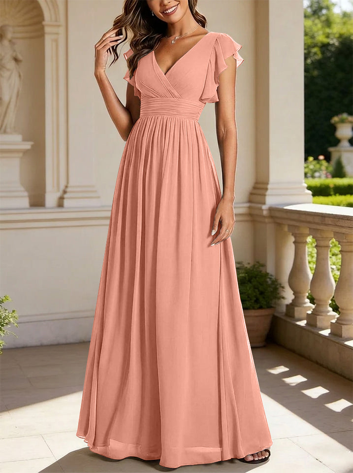A-Line/Princess Chiffon V-Neck Bridesmaid Dresses with Ruffles Short Sleeves Floor-Length